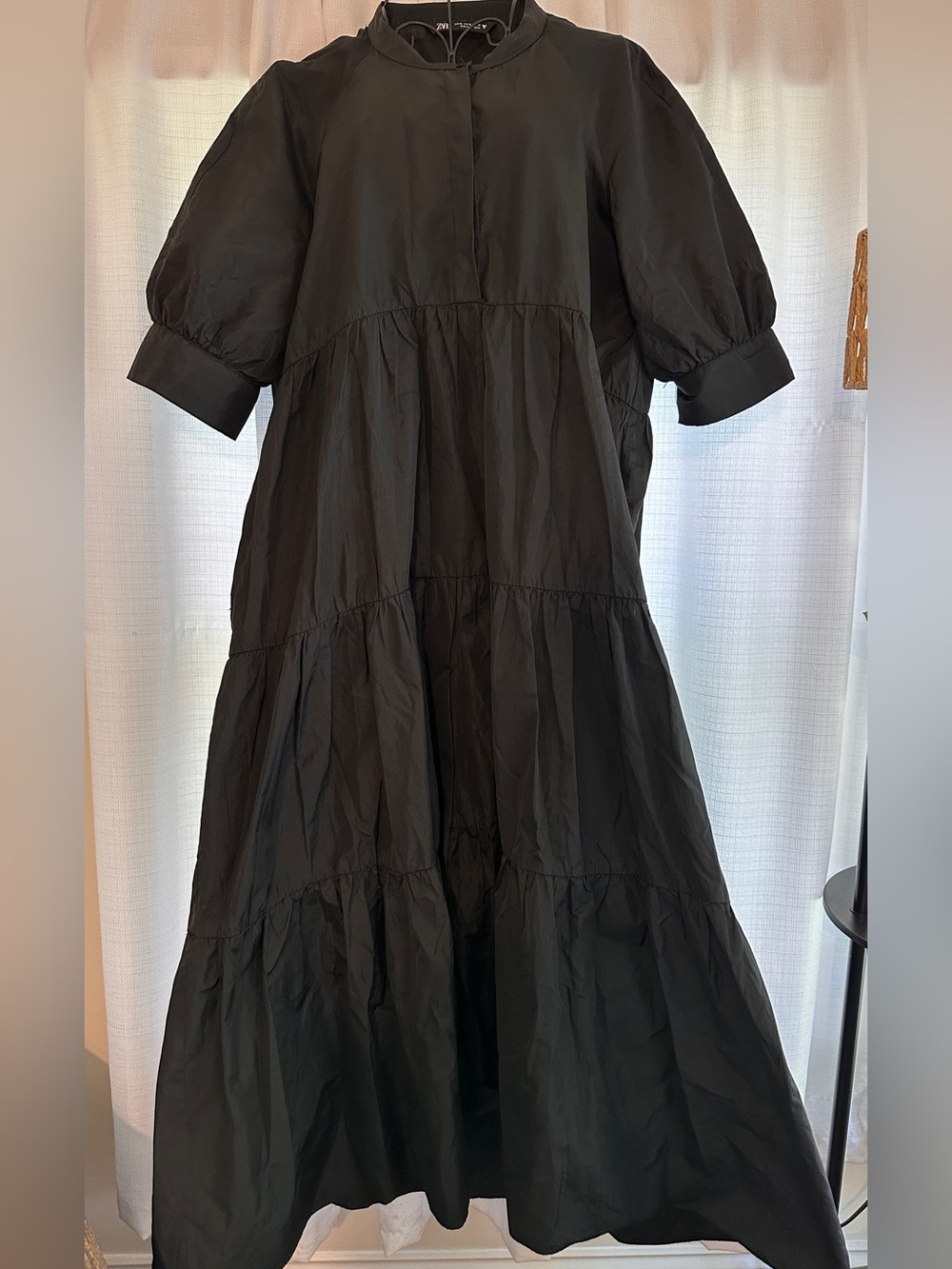 ZARA Black Button Top Tiered Black Midi Flowy Short Sleeved Dress - Picture 1 of 5